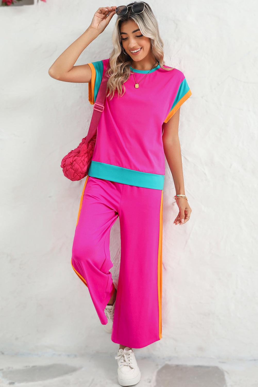 Strawberry Pink Colorblock Cap Sleeve Tee and Wide Leg Pants Set