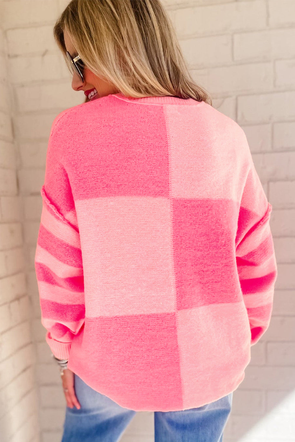 Pink Checkered Color Block Striped High Low Sweater