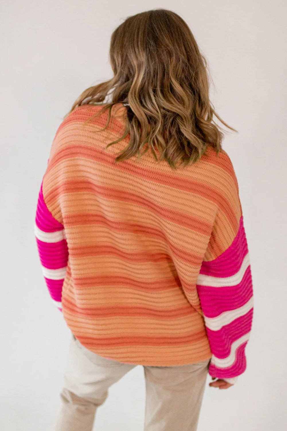 Orange Striped Colorblock Puff Sleeve Sweater