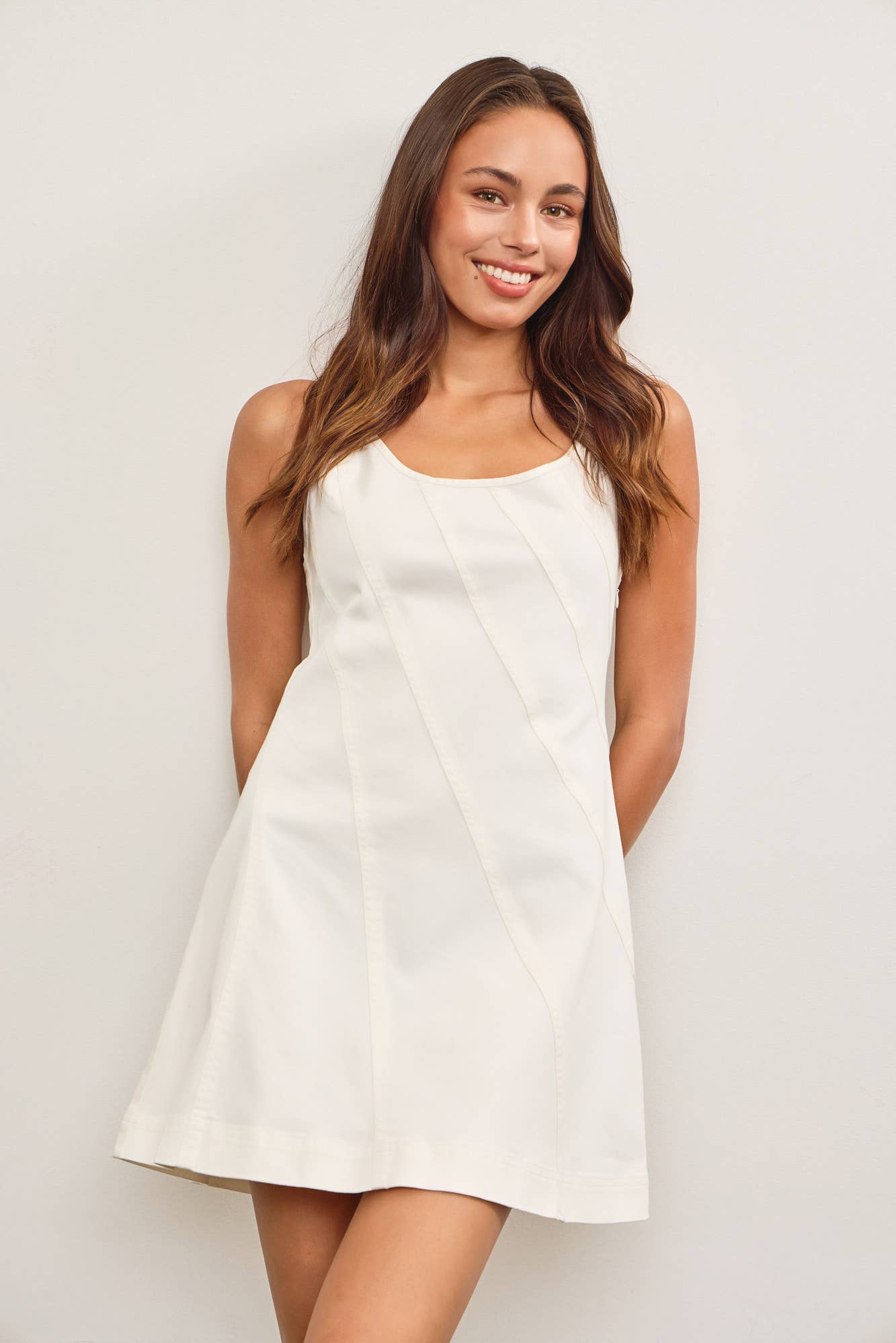 DIAGONAL SEAM DENIM STRAP DRESS