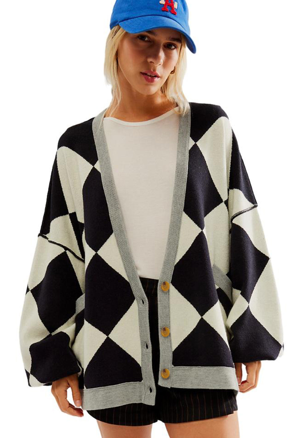 Black Checkered Pattern Drop Shoulder Buttoned Loose Cardigan