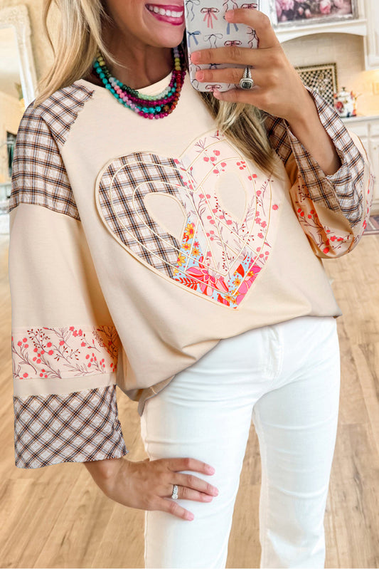 Beige Plaid Floral Patchwork Heart Long Sleeve Top