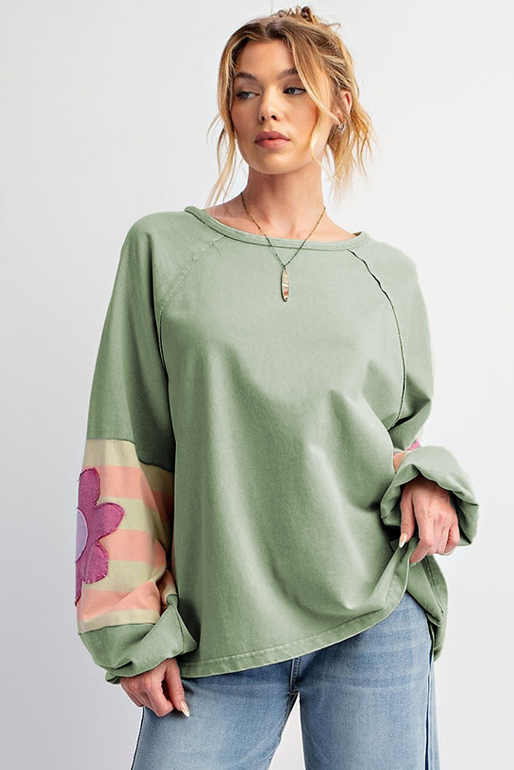 Smoke Green Flower Patchwork Exposed Seam Raglan Sleeve Top