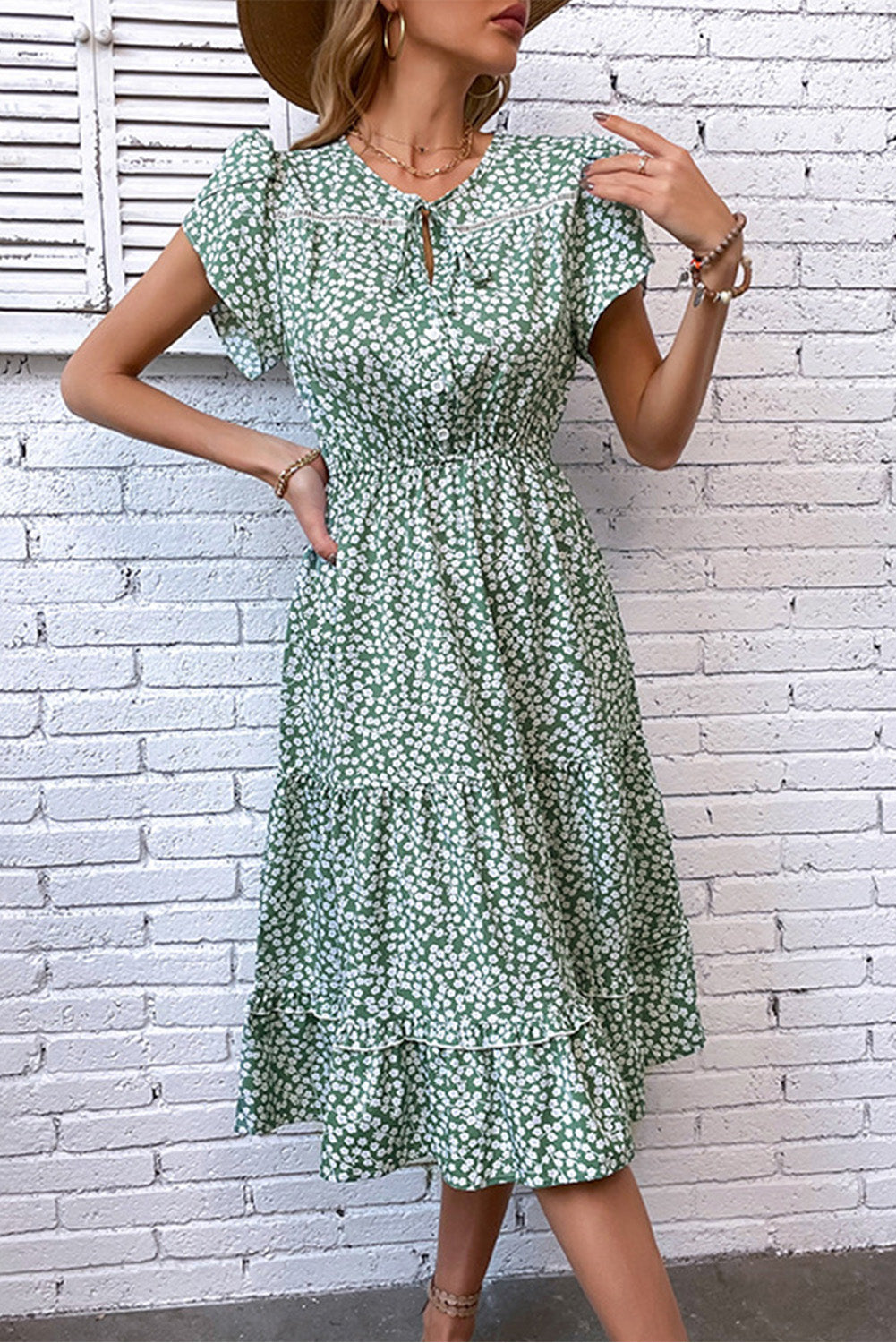 Green Ditsy Floral Print Tulip Sleeve Midi Dress