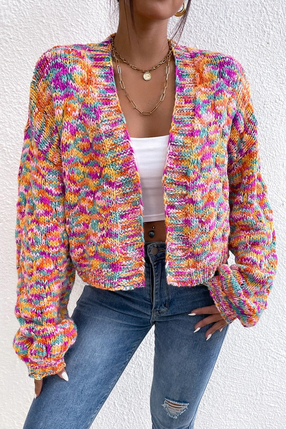 Pink Colorful Drop Shoulder Cropped Cardigan