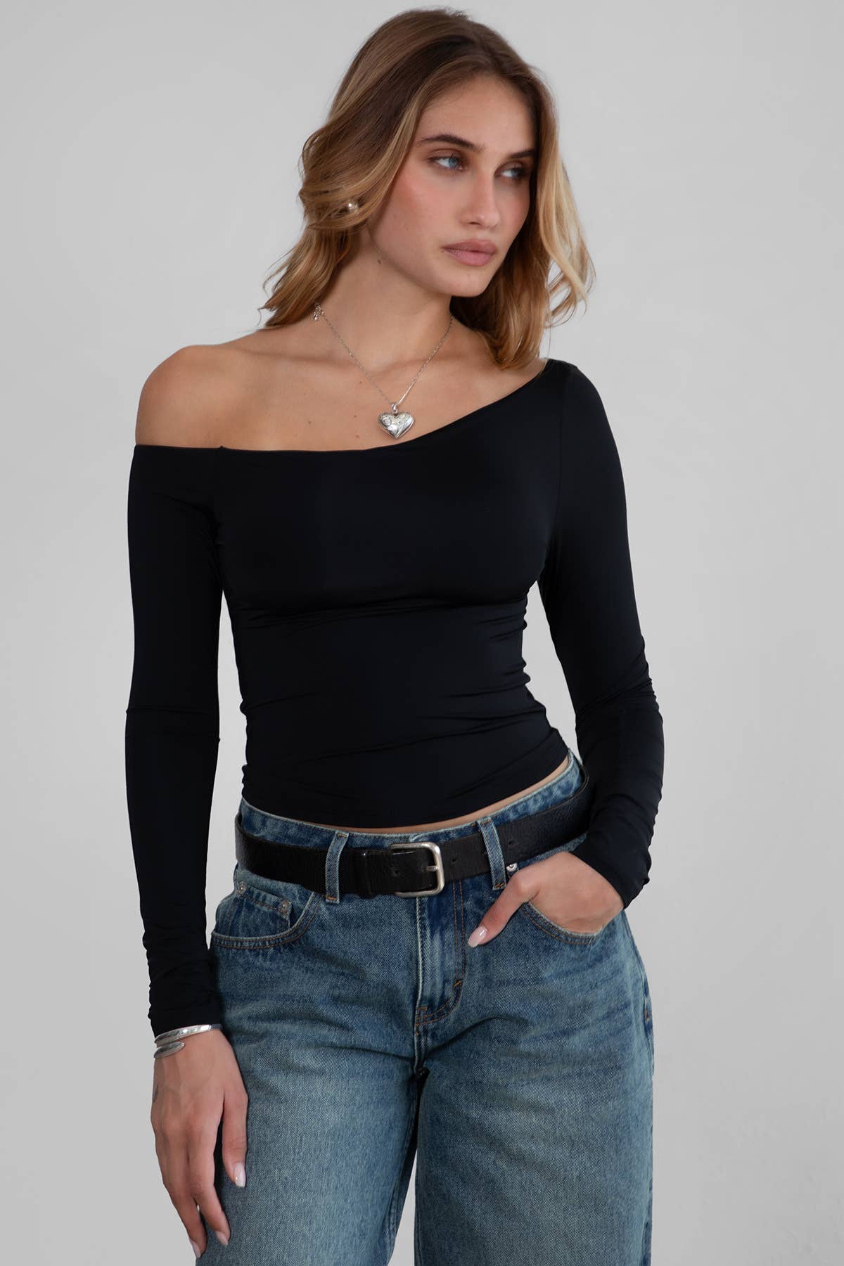 AUDREE One-Shoulder Assymetrical Neckline Long-Sleeve Top