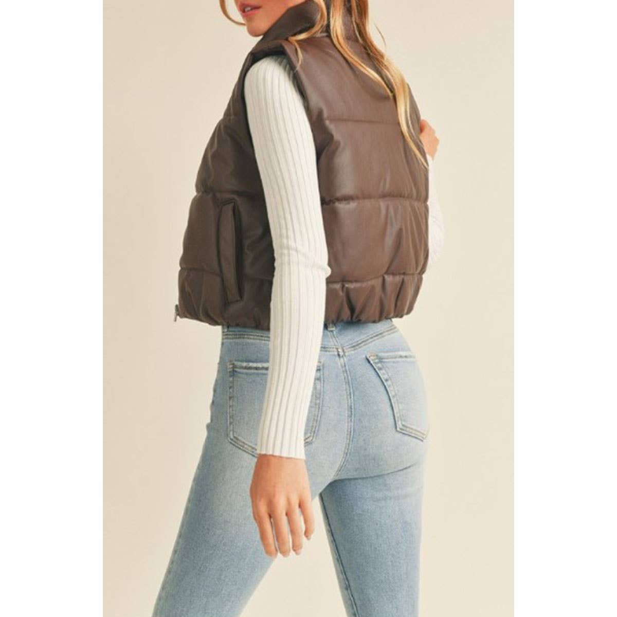 FAUX LEATHER HIGH NECK ZIP UP PUFFER VEST