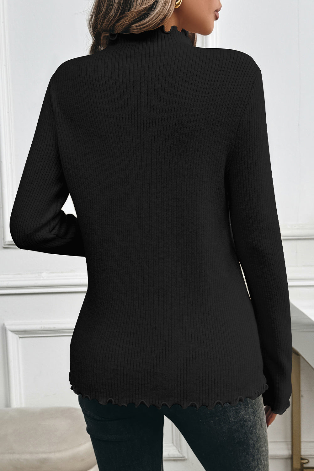 White Knit Fleece Lined Lettuce Edge Slim Fit Top