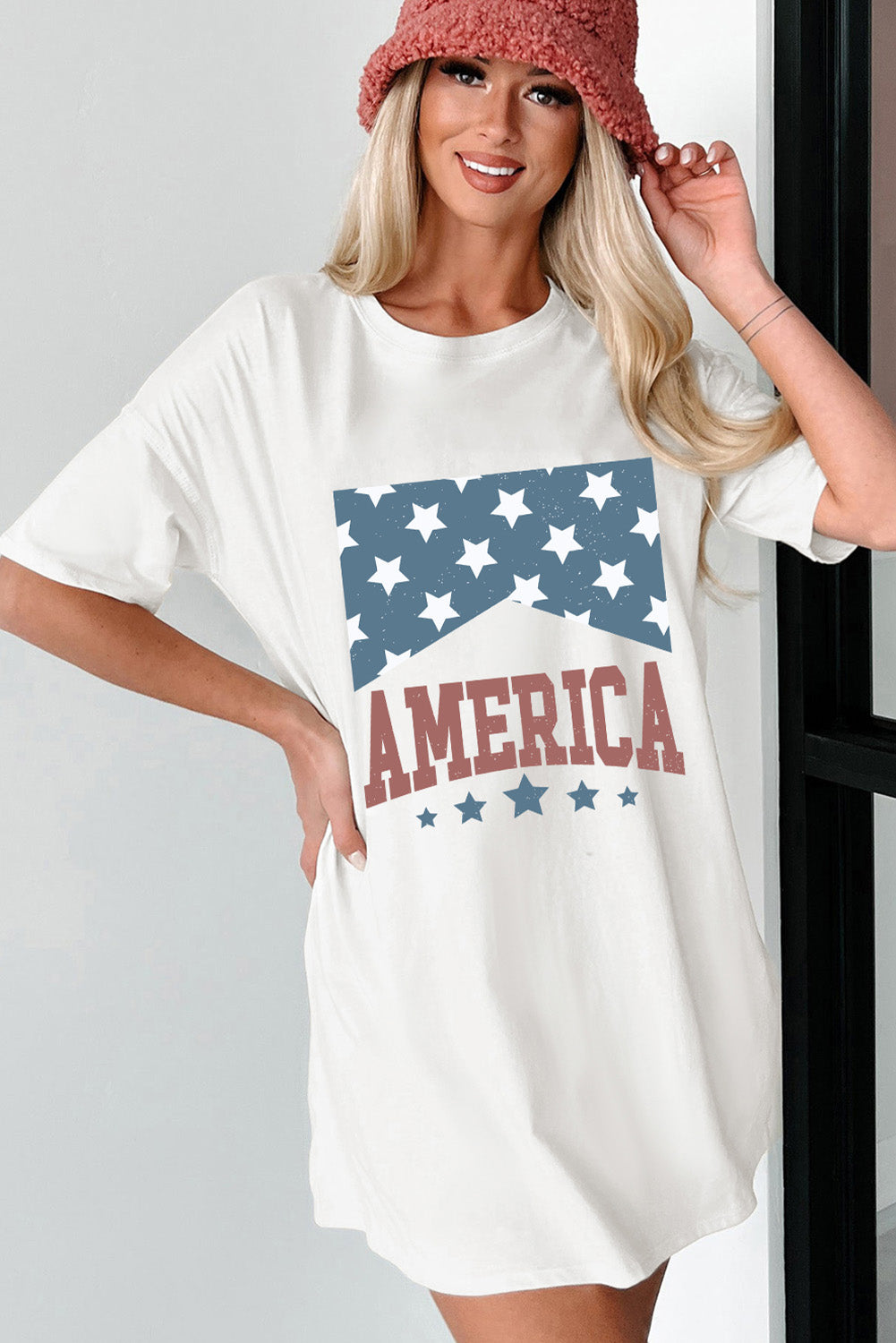 White AMERICA Stars Graphic Round Neck Oversized T Shirt