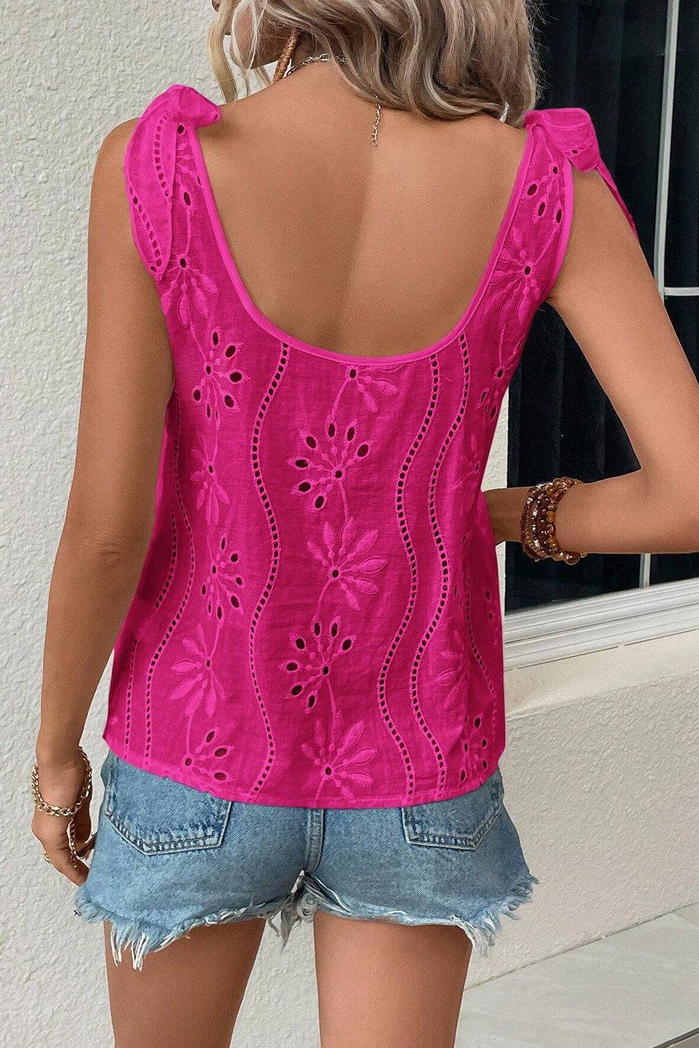 Wholesale Rose Red Embroidery Detail Knotted Straps V Neck Top