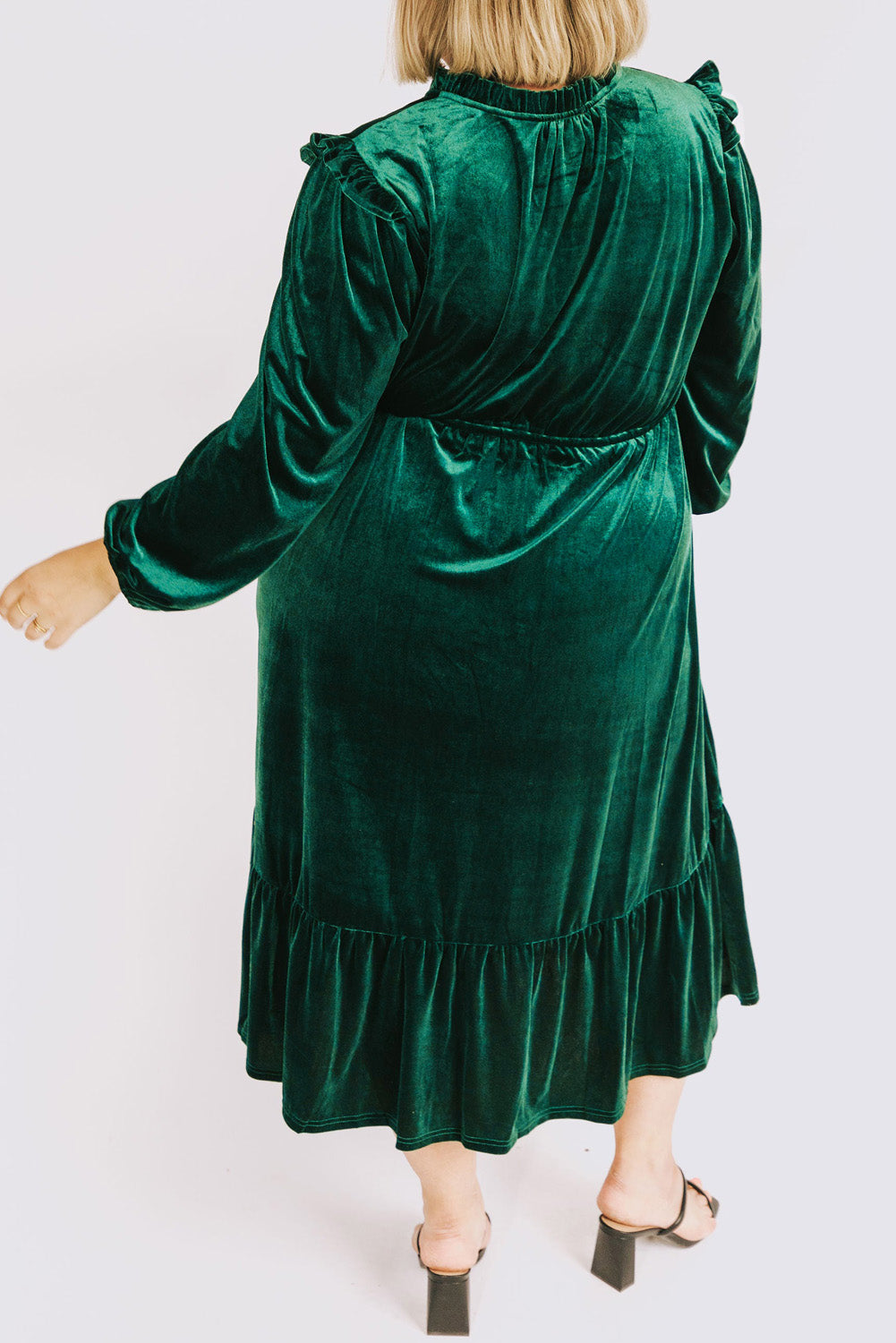 Blackish Green Frill Neck Velvet High Waist Plus Size Dress