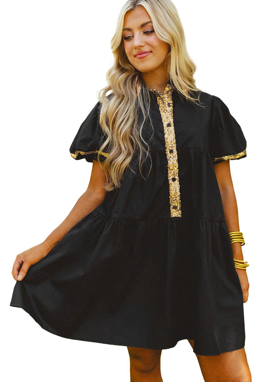 Wholesale Black Sequin Trim Bubble Sleeve Tiered Mini Dress