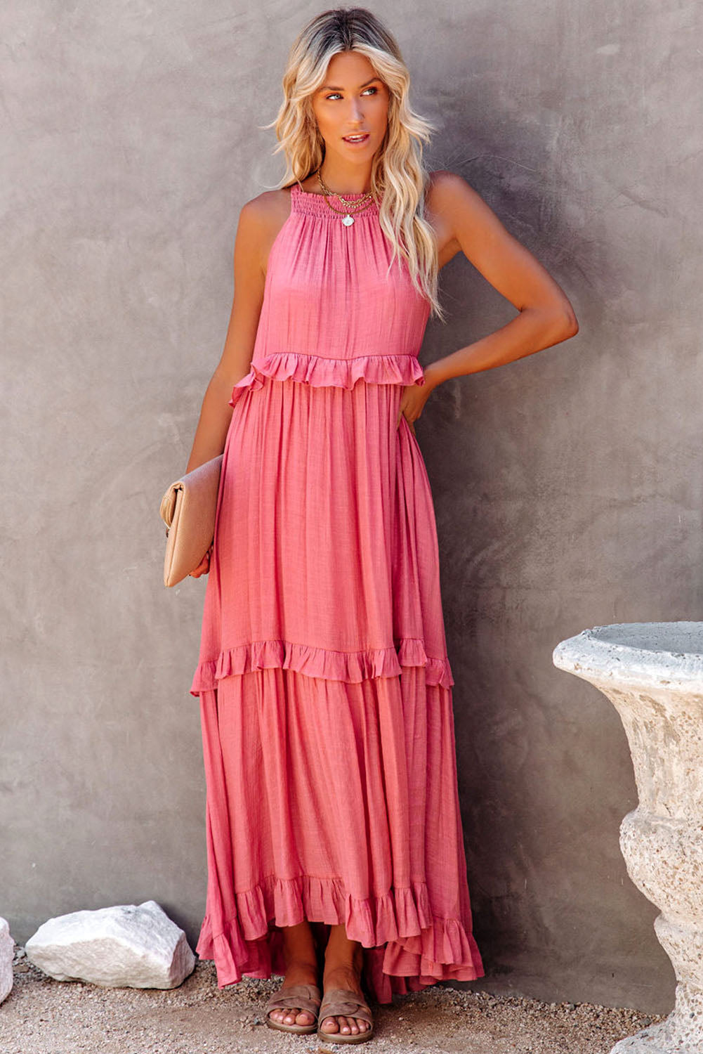 Pink Smocked Neckline Ruffle Hem Flowy Maxi Dress