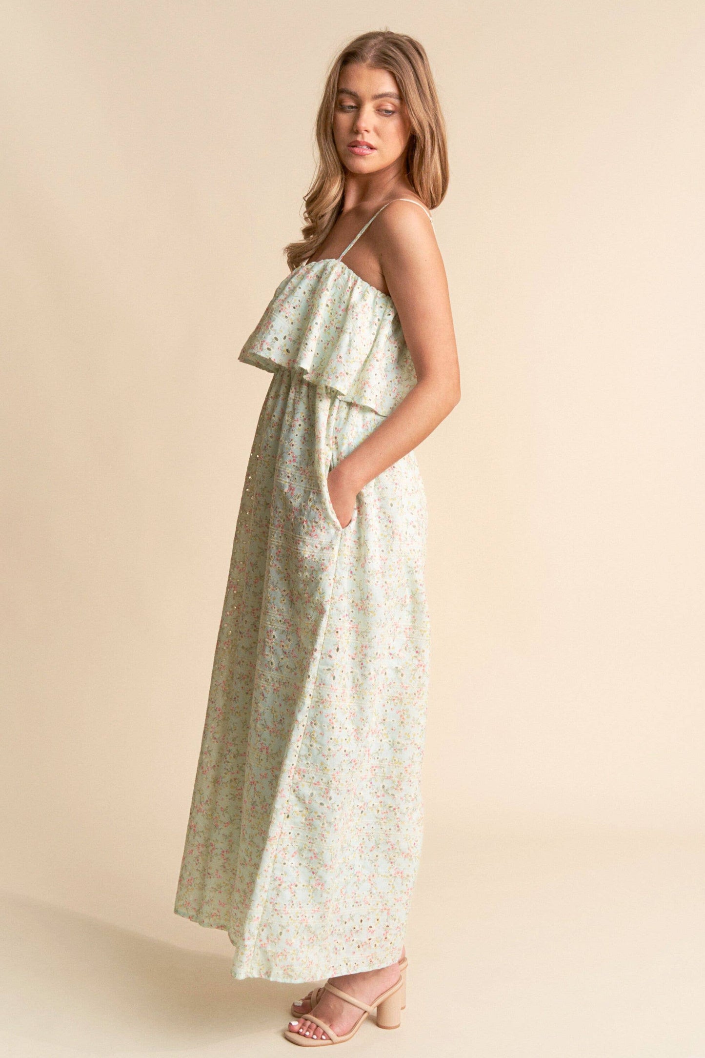 Floral Print Eyelet Tiered Wide Leg Jumpsuit
