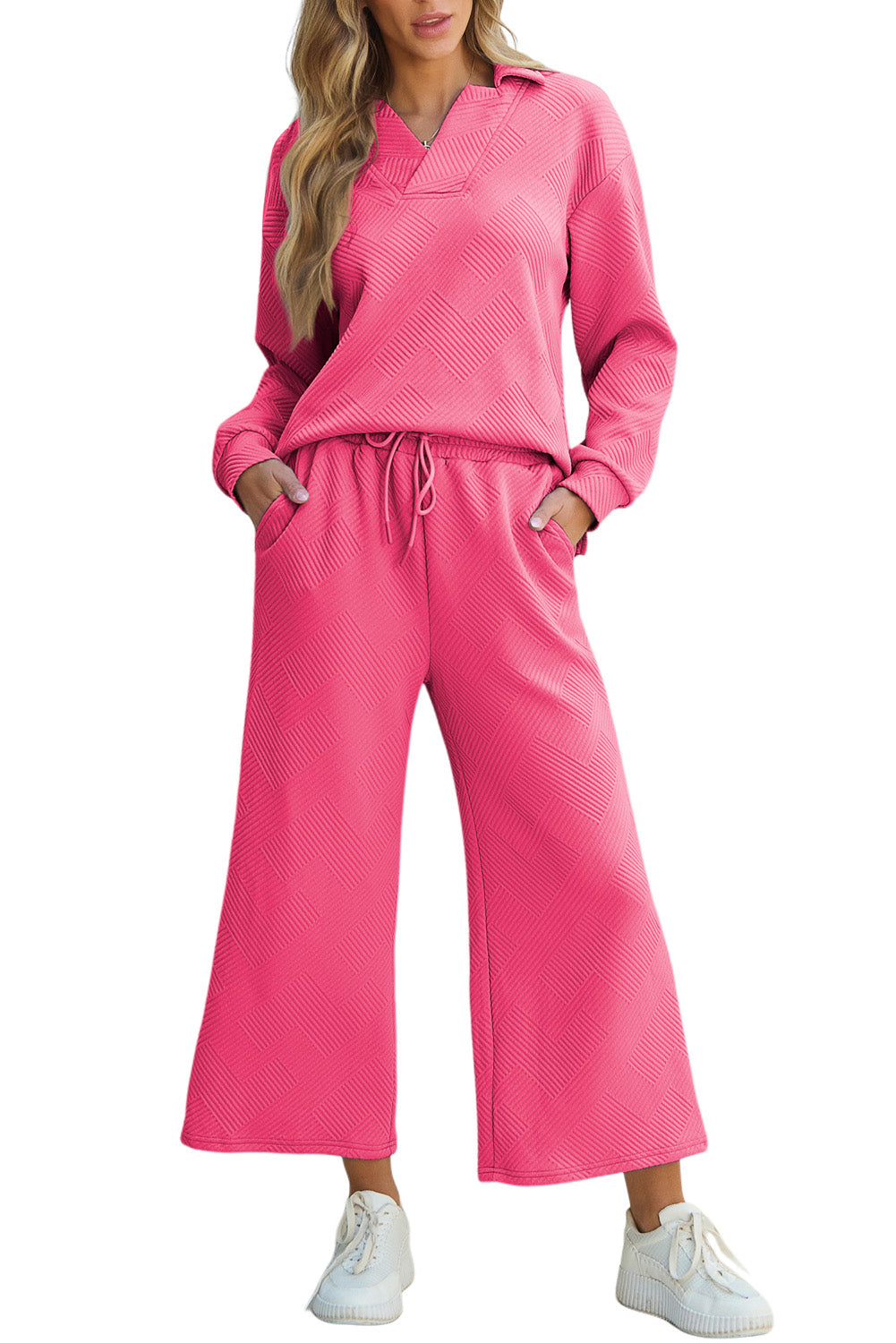 Bonbon Solid Textured Collared V Neck Top and Wide Leg Pants Set