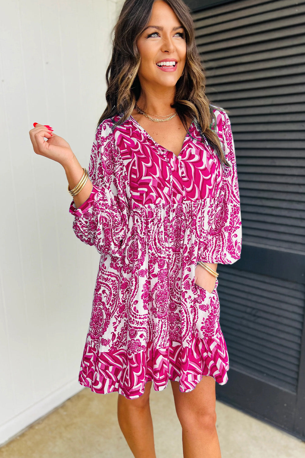 Green Bohemian Print Lantern Sleeve V Neck Flared Mini Dress