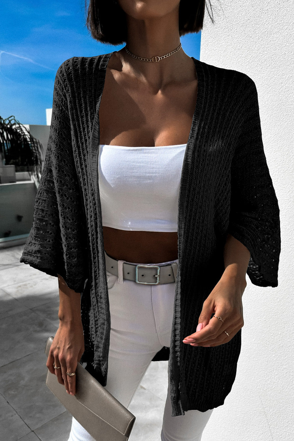 Khaki Hollow-out Bracelet Sleeve Knit Cardigan