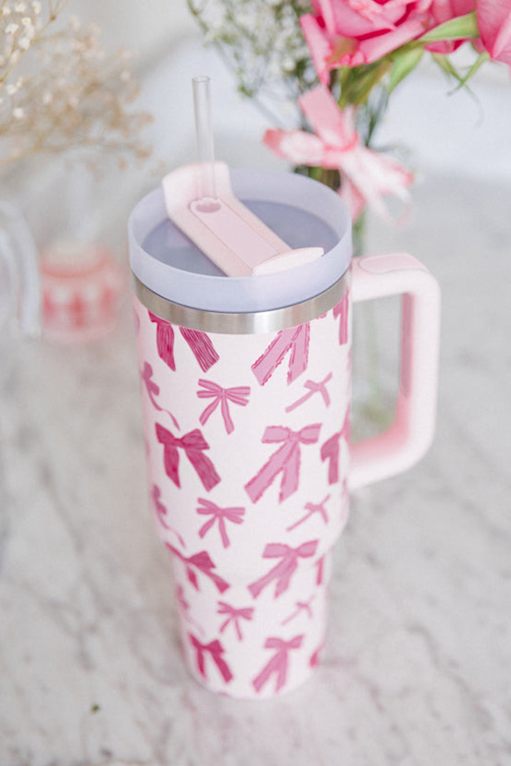 Pink Cute Bowknot Printed Tumbler with Handle 40oz