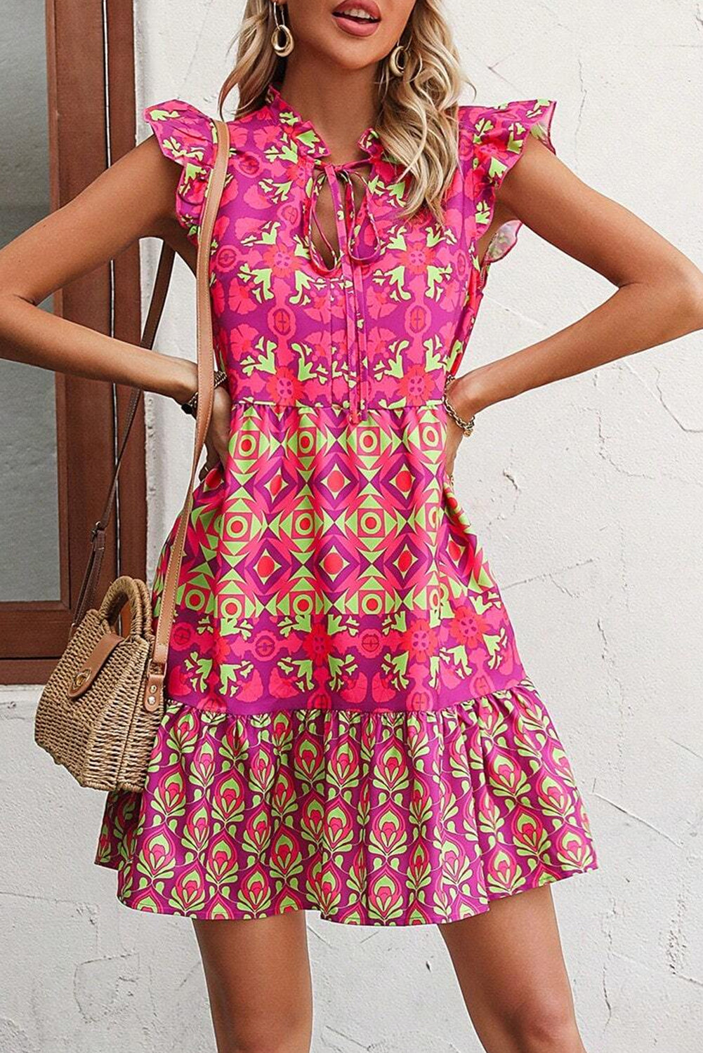 Sachet Pink Floral Print Ruffle Sleeveless Tie Neck Short Dress