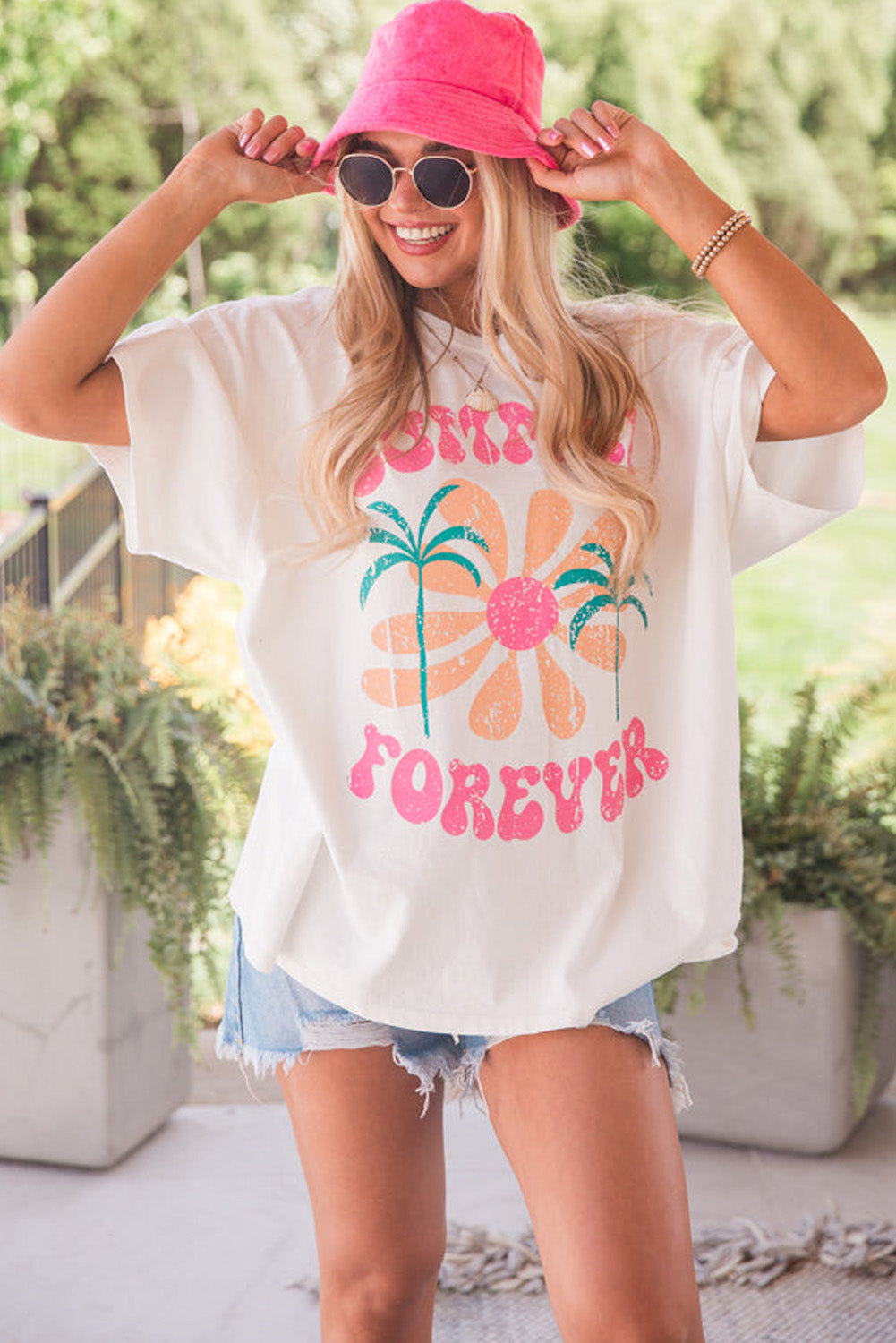 White Summer Forever Flower Graphic Tunic T Shirt