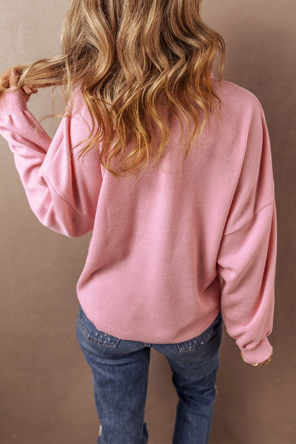 Pink Chest Pocket Ribbed Collared Henley Top