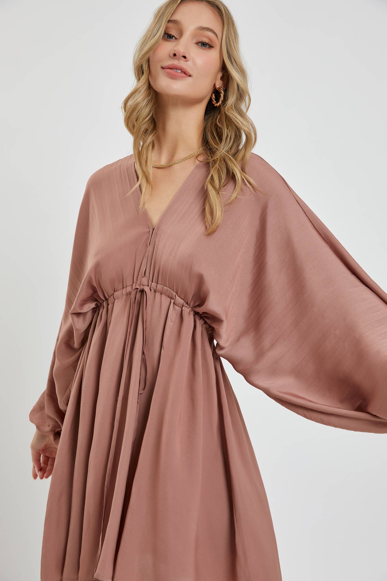 SATIN V NECK PLEATED DRESS