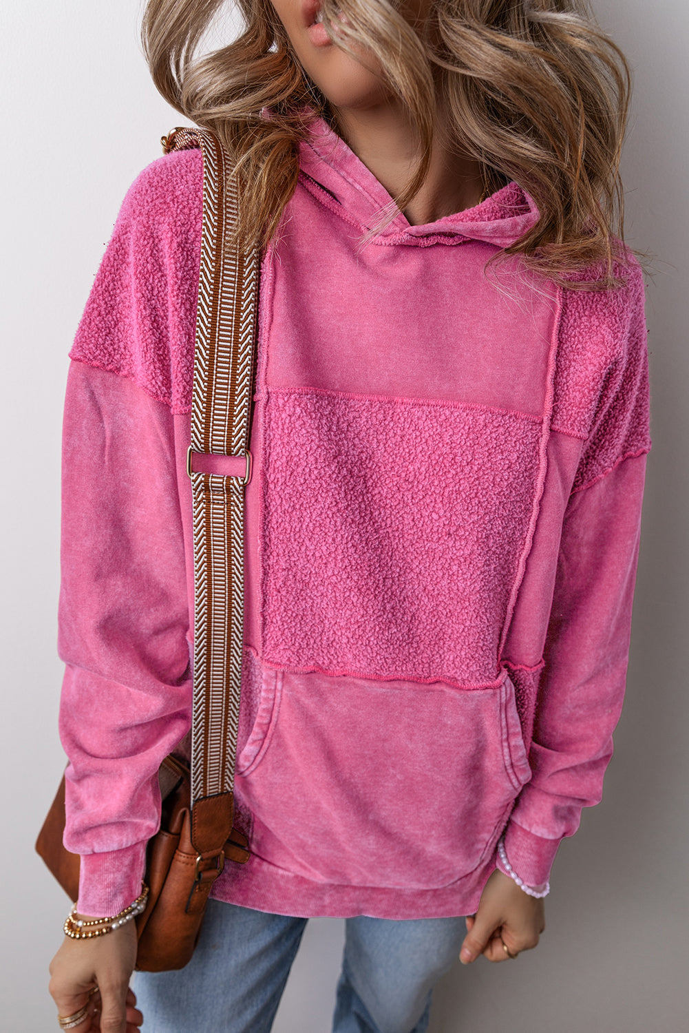 Pitaya Pink Mineral Wash Terry Patchwork Drawstring Hoodie