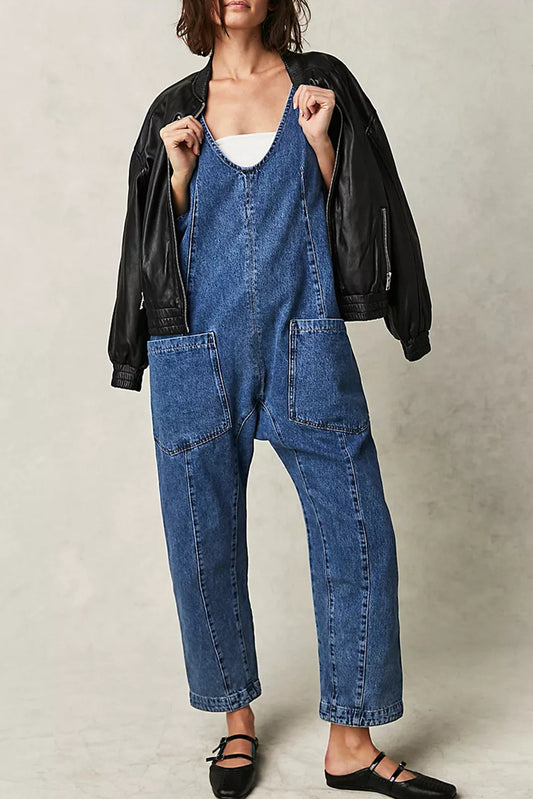 Sail Blue Pocket Adjust Straps Denim Overalls