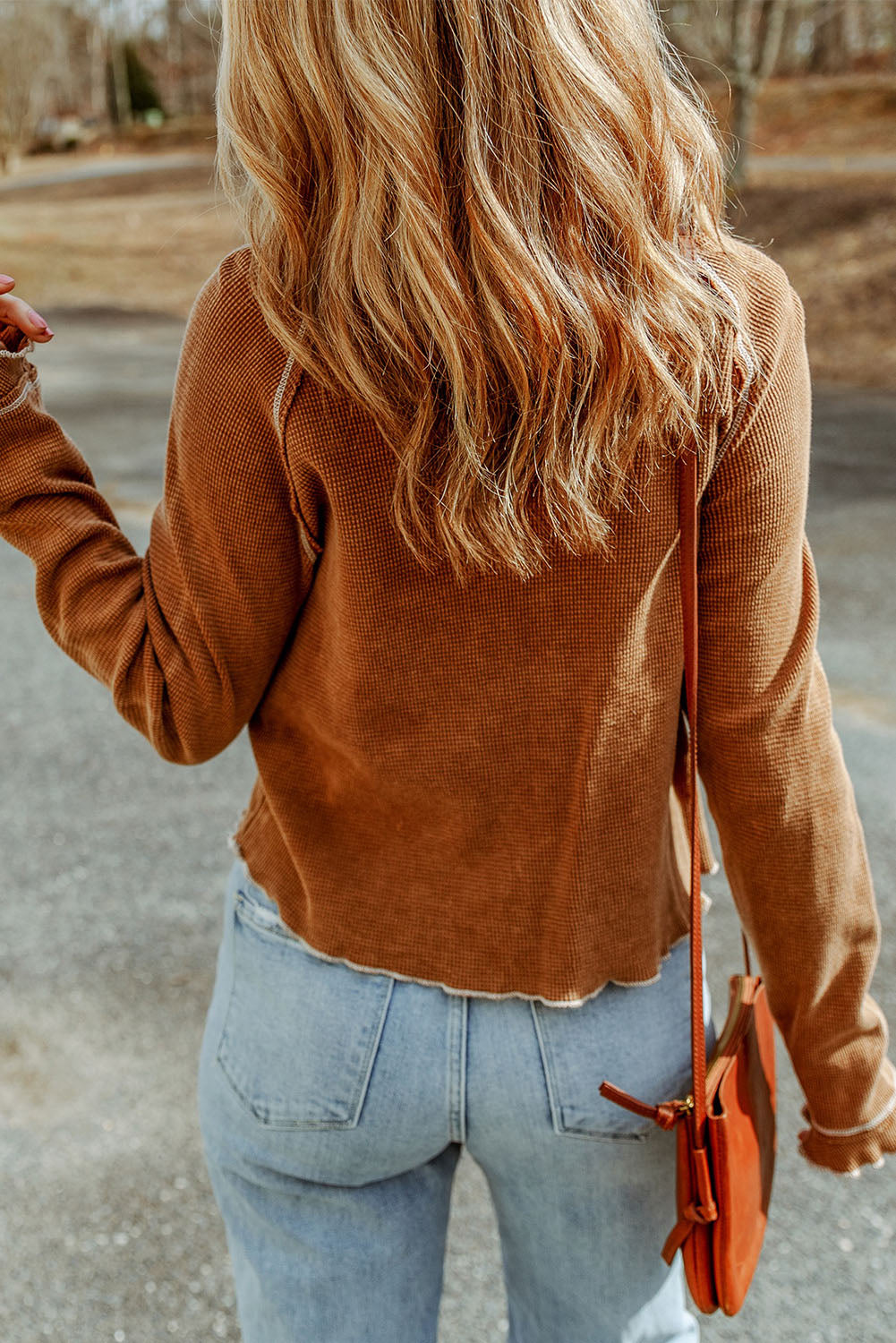 Green Textured Exposed Seam Long Sleeve Top