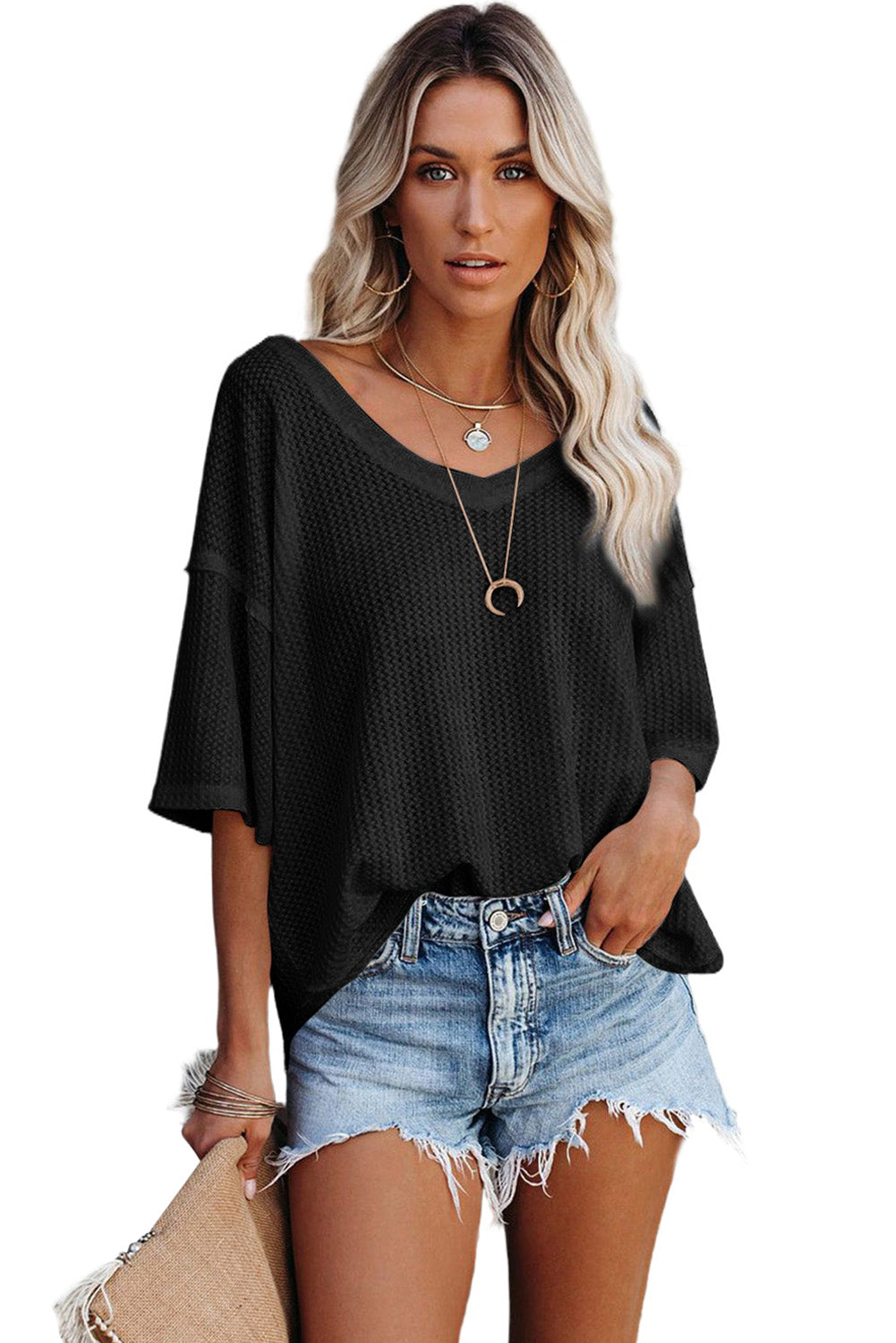 White Waffle Knit Casual Drop Shoulder Loose Top