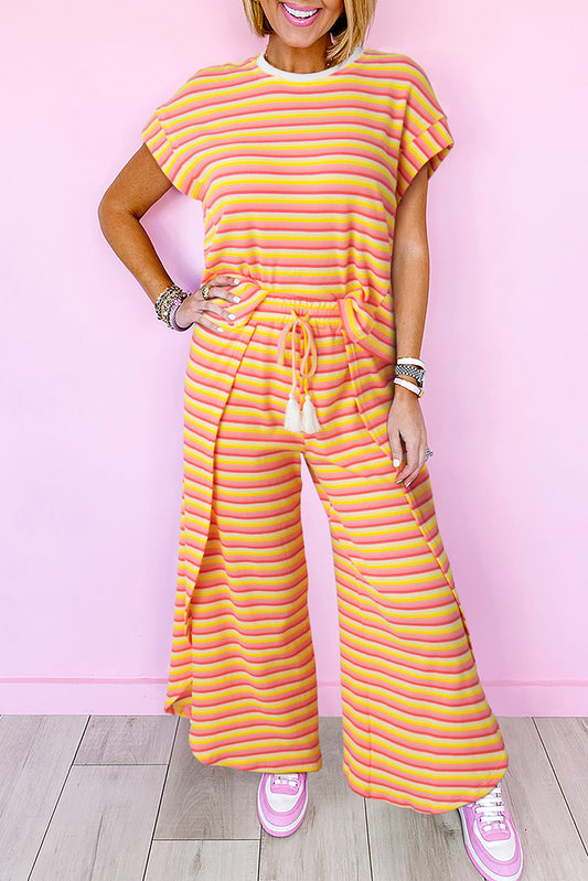 Yellow Stripe Rainbow Tee and Tassel Drawstring Wide Leg Pants Set