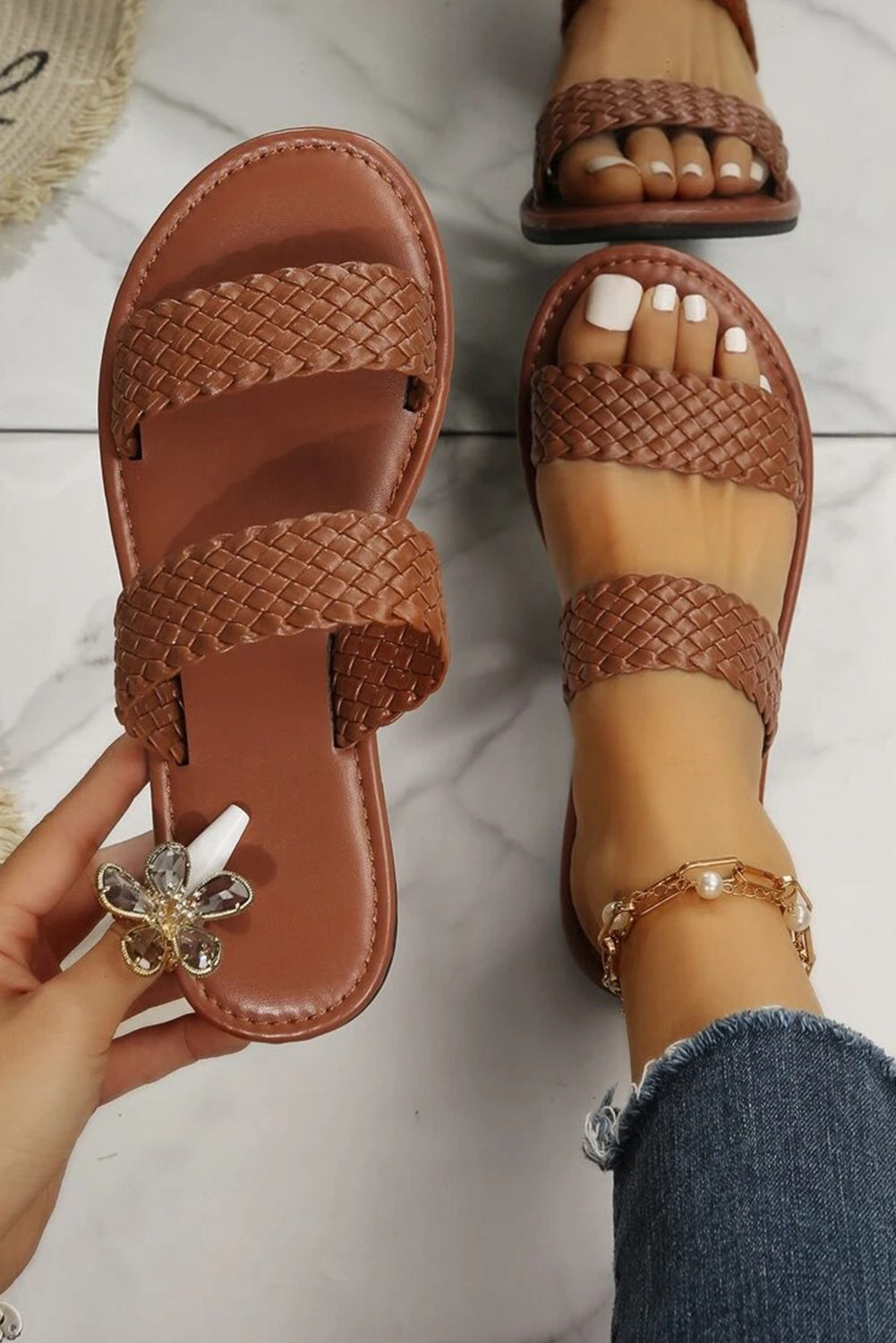 Chestnut Braided Double Band Leather Flat Slides Shoes