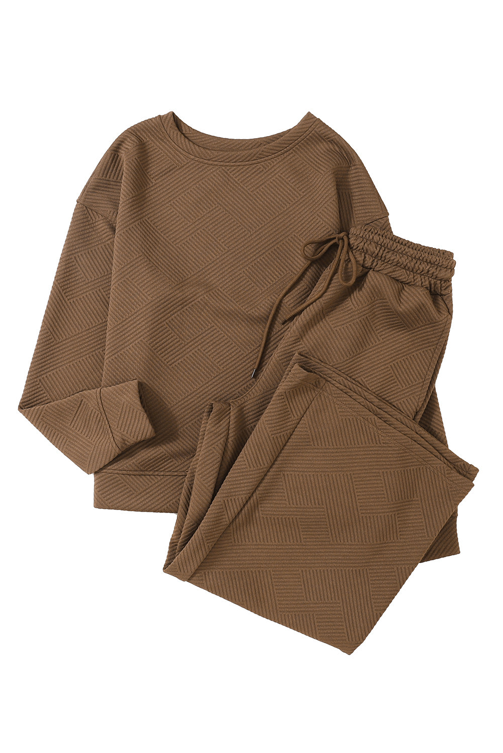 Dark Khaki Textured Loose Slouchy Long Sleeve Top and Pants Set