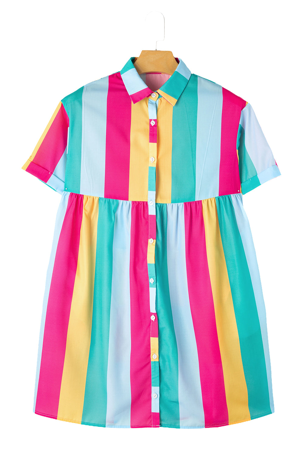 Rose Stripe Colorblock Short Sleeve Mini Shirt Dress