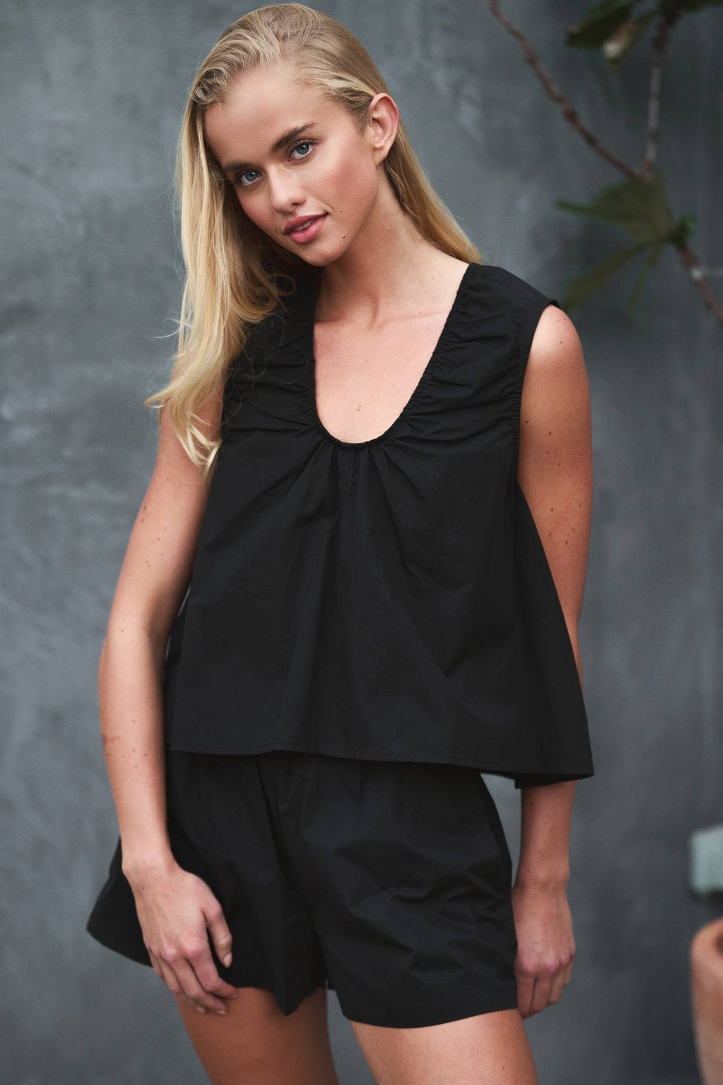 Ruched Neck Cotton Sleeveless Matching Set