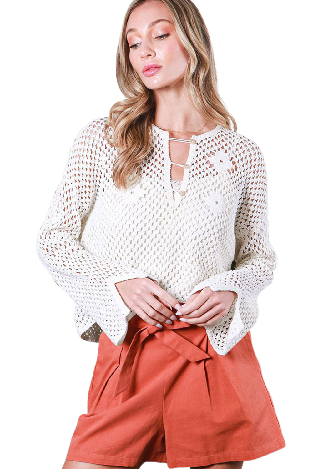 White Buttoned V Neck Split Sleeve Knit Top