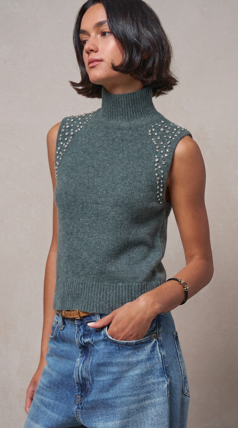 Crystal Embellished Sleeveless Mock Neck Knit Top