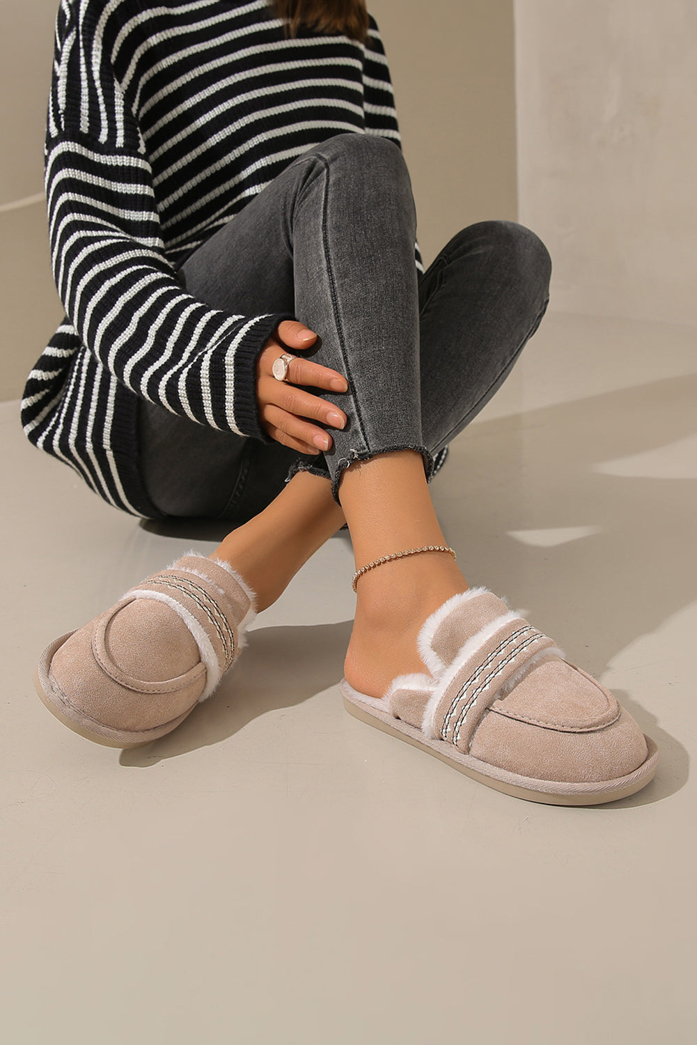 Gray Suede Wavy Striped Plush Lined Home Slippers