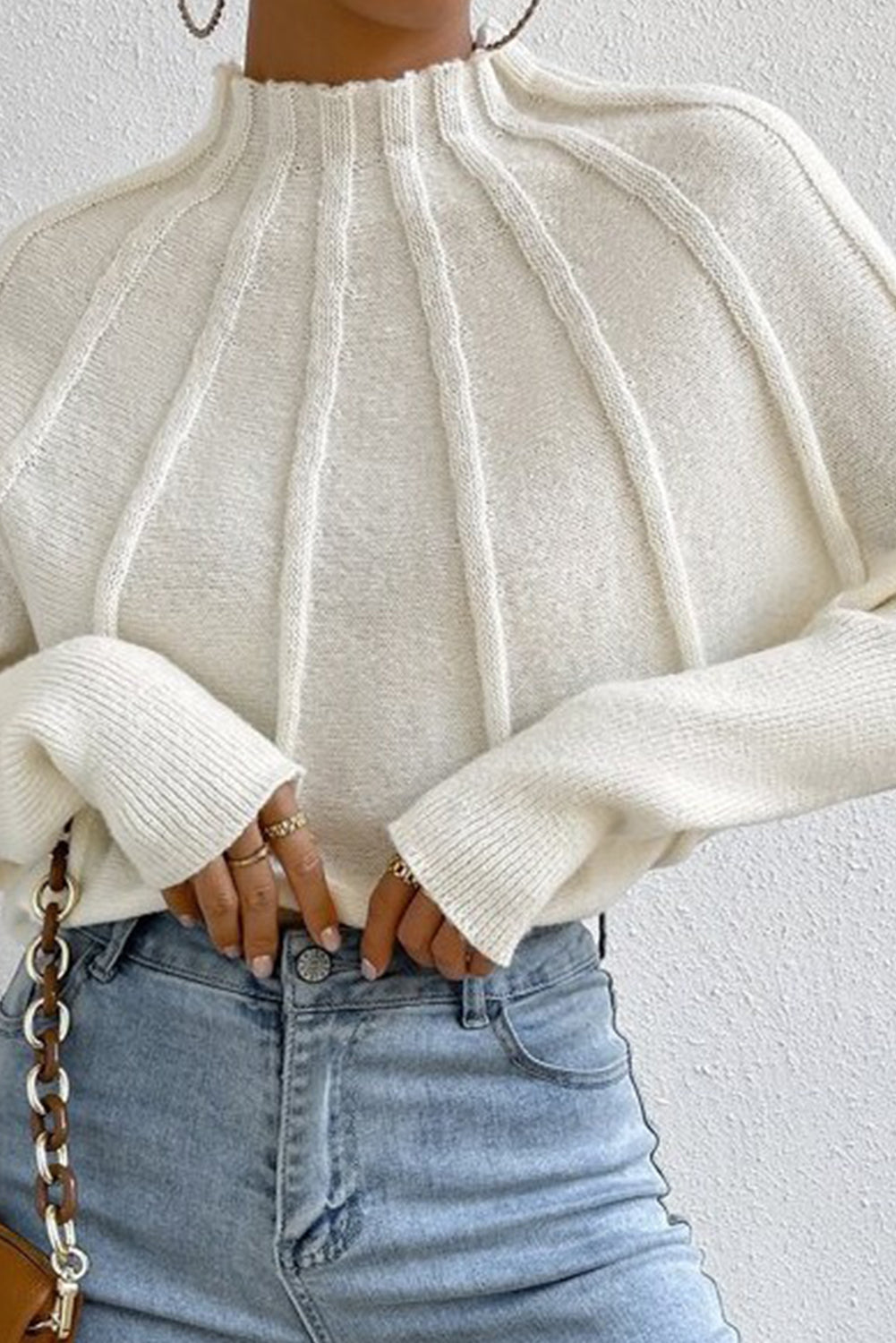 White Mock Neck Plain Dolman Sweater