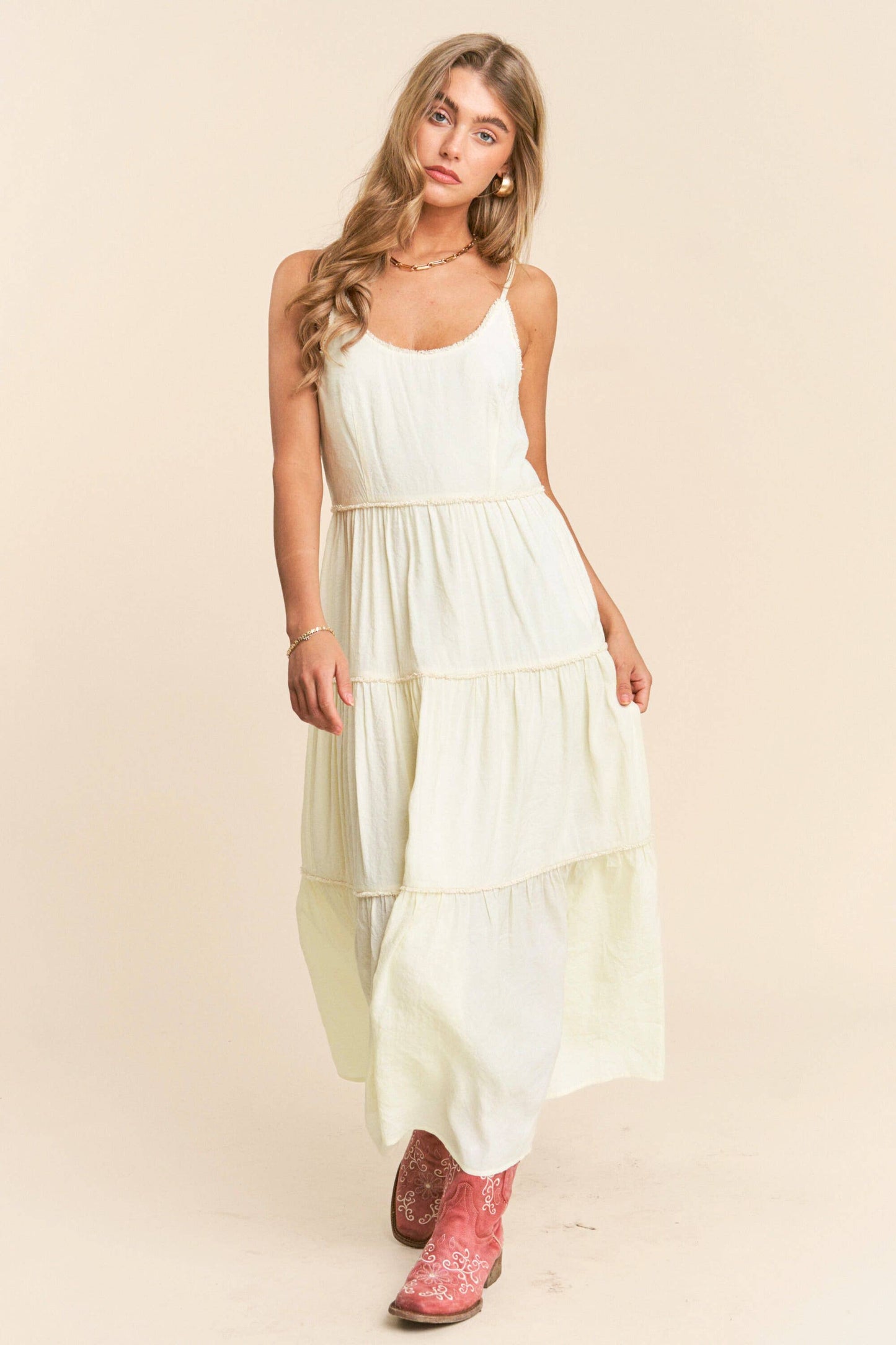 U Neck Line Tiered Spaghetti Maxi Dress
