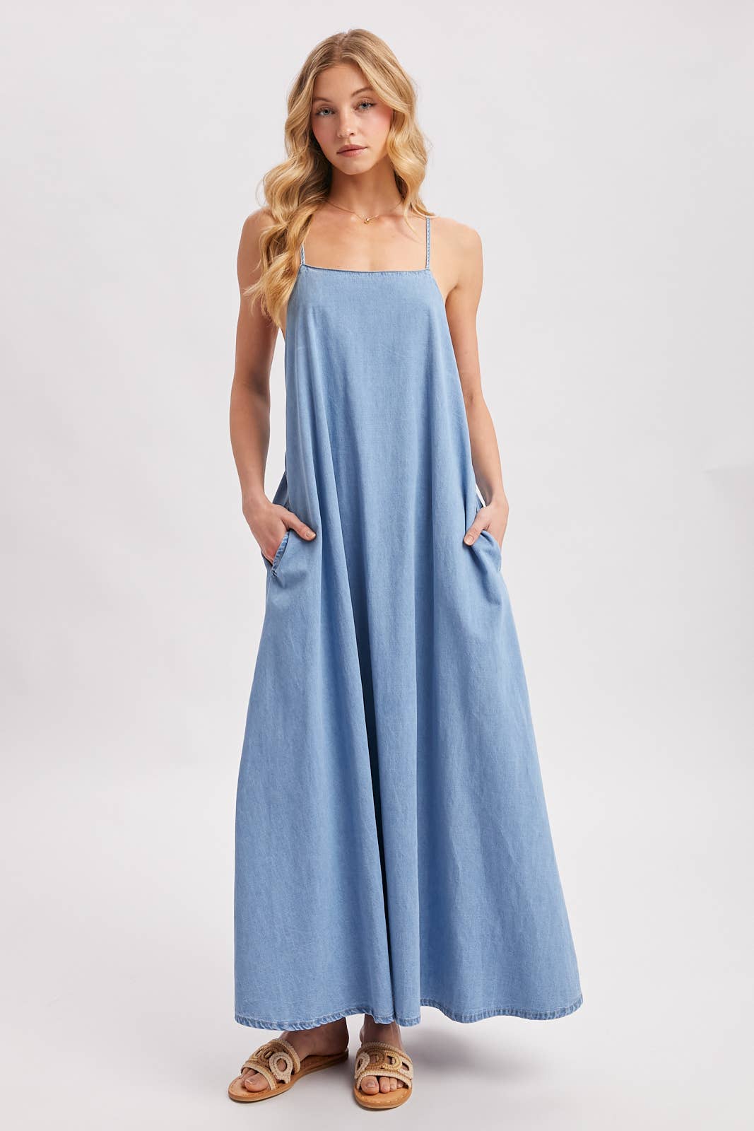 DENIM OPEN BACK SLEEVELESS MAXI DRESS