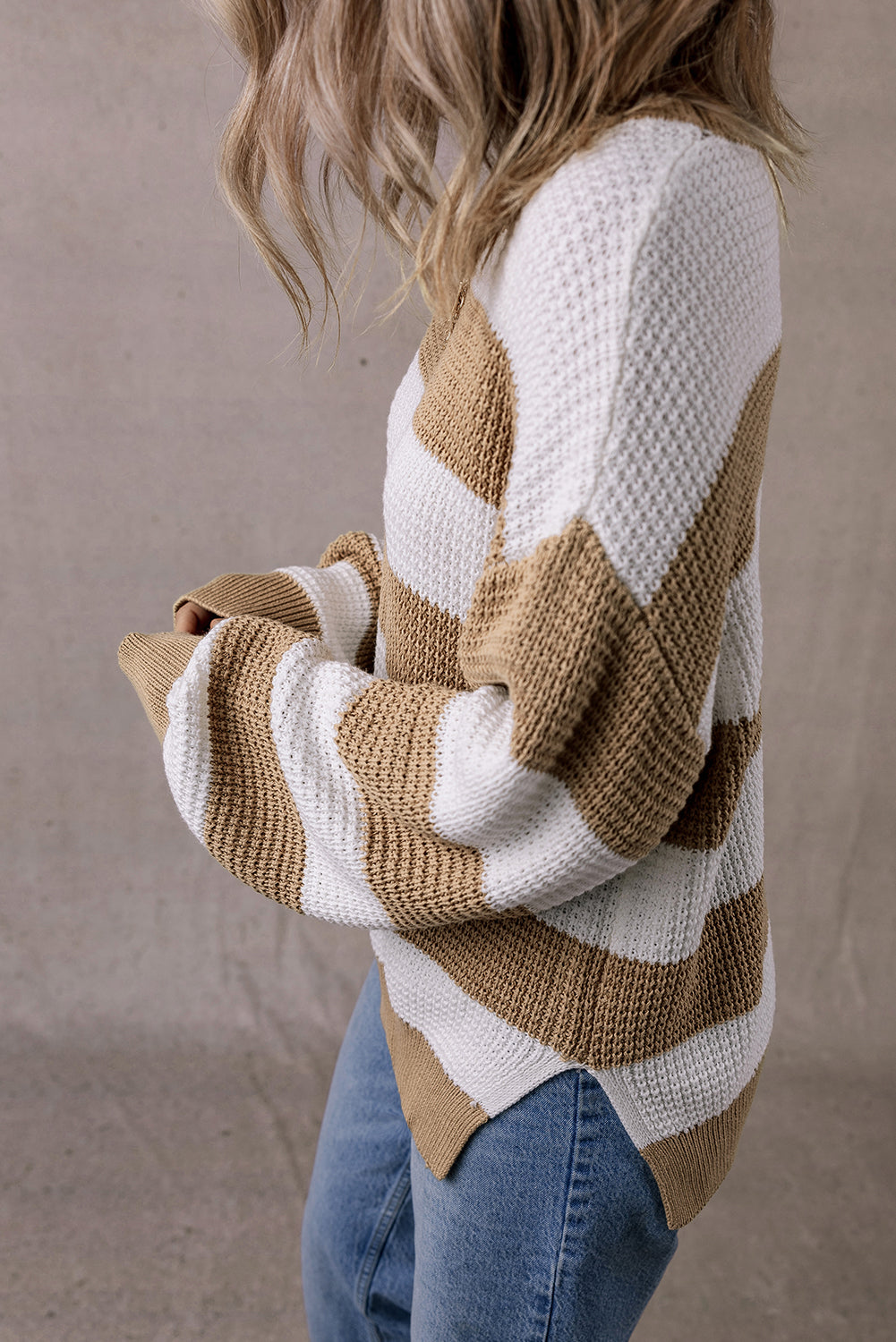 Light French Beige Striped Drop Shoulder Side Slit Sweater