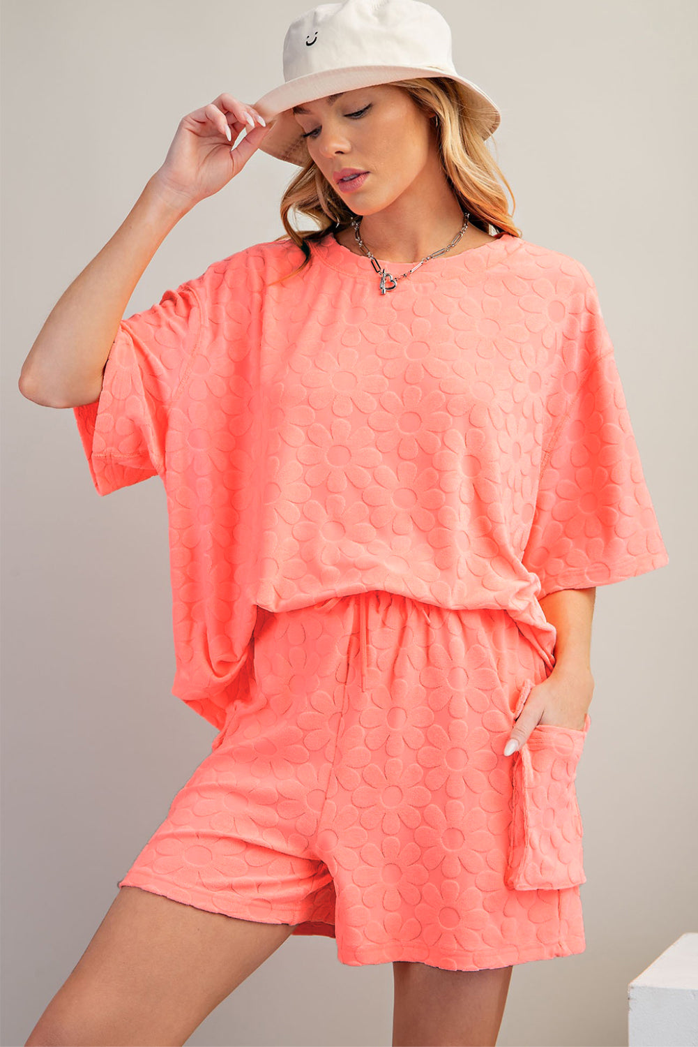 Grapefruit Orange Floral Textured Short Sleeve Top and Shorts Set