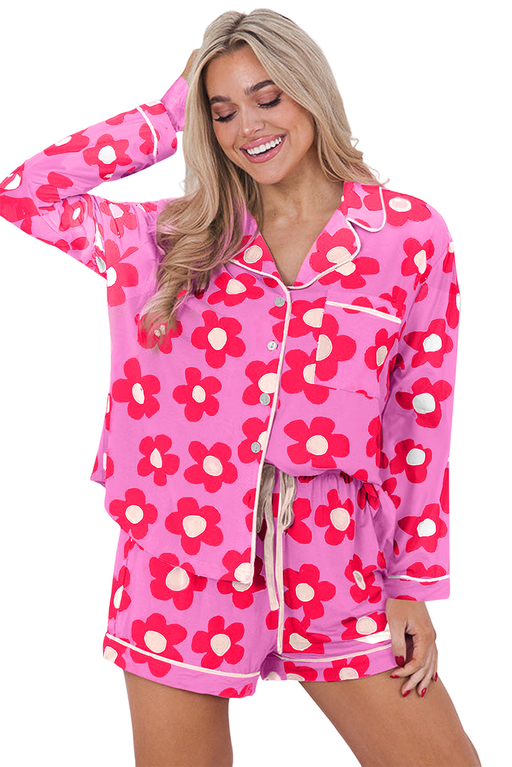 Pink 60s Flower Print Buttoned Shirt and Drawstring Waist Pajama Set