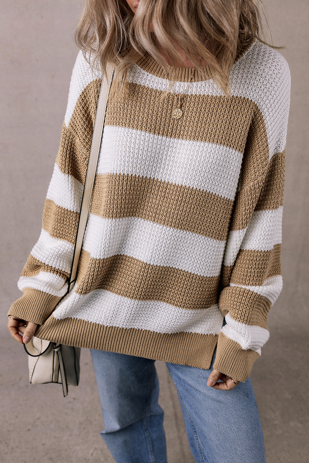 Light French Beige Striped Drop Shoulder Side Slit Sweater