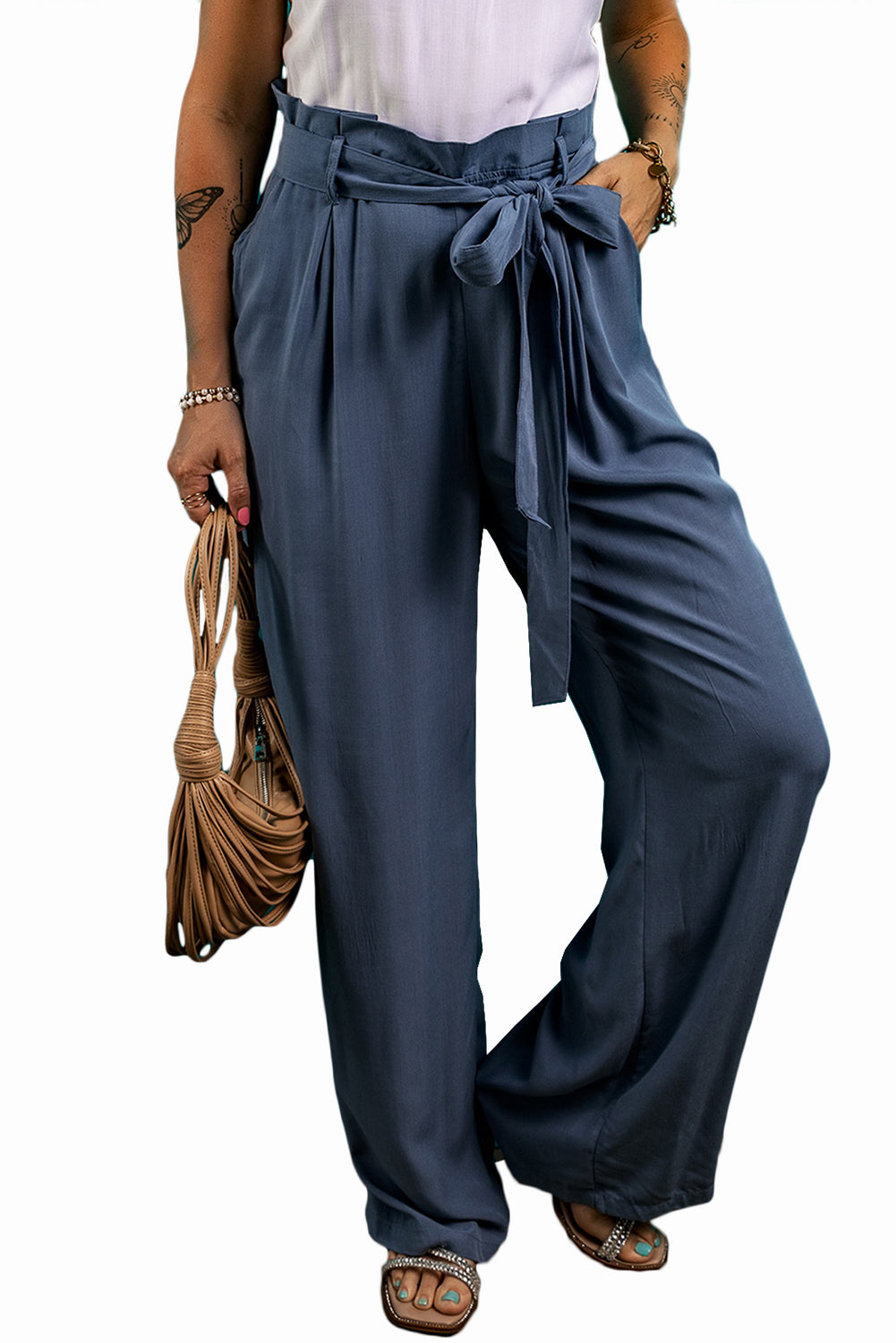 Wild Wind Belted Frill Waist Wide Leg Loose Pants