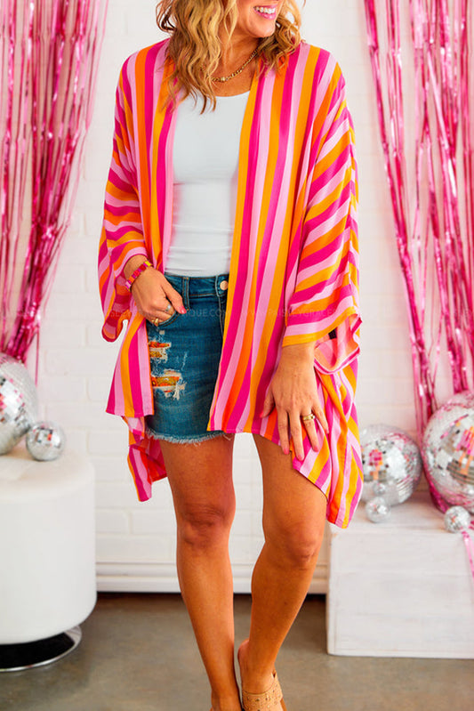 Rose Striped Dolman Sleeve Open Front Kimono