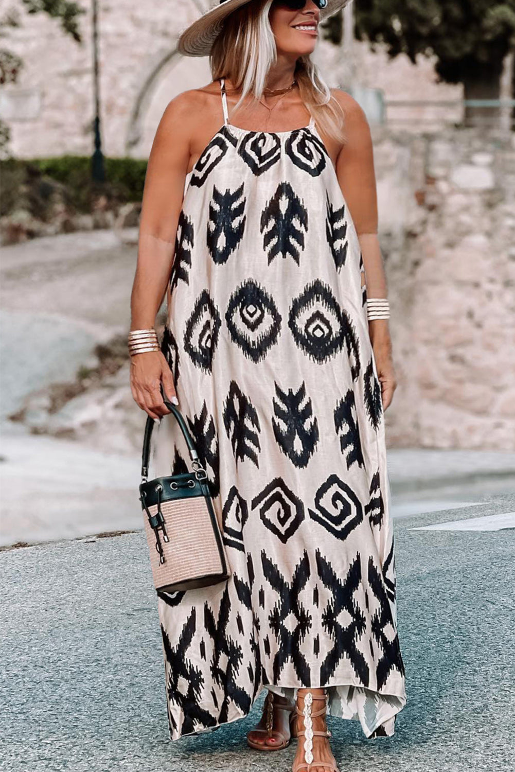 Black Plus Size Geometric Print Spaghetti Strap Vacation Sundress