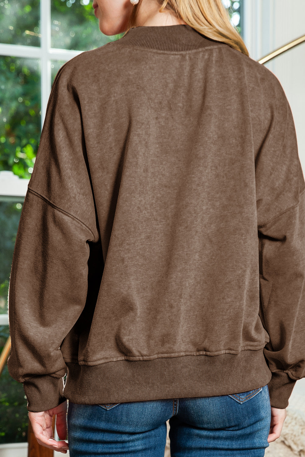 Brown Plain Drop Shoulder Crew Neck Pullover Sweatshirt