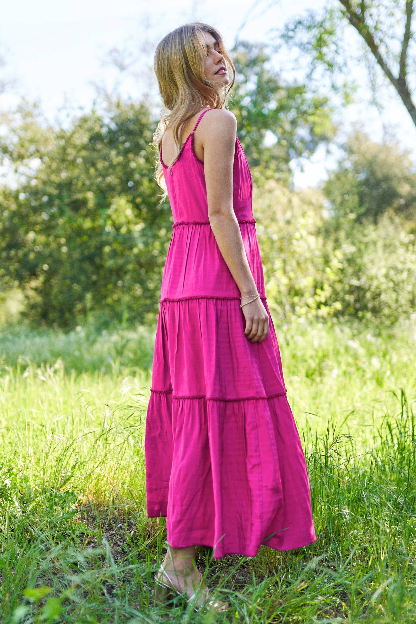 U Neck Line Tiered Spaghetti Maxi Dress